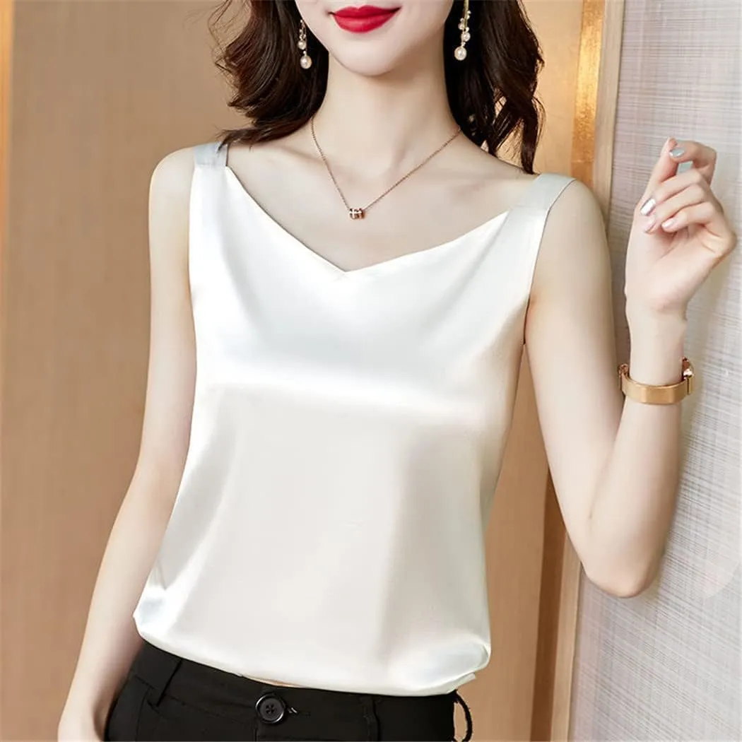 Women's Sleeveless Faux Satin Silk Tank Top Summer Backless V-Neck Camisole
