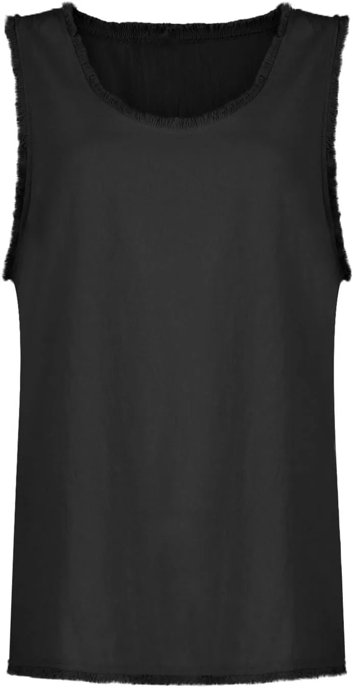 Womens Sleeveless Ruffled V Neck Vest Shirts Summer Cotton Linen Tank Tops Solid Color Raw Edge Hem Camisoles