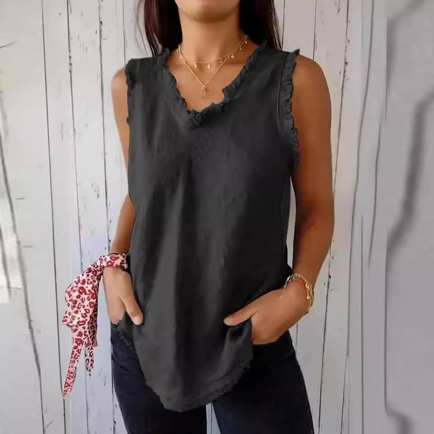 Womens Sleeveless Ruffled V Neck Vest Shirts Summer Cotton Linen Tank Tops Solid Color Raw Edge Hem Camisoles
