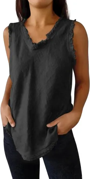 Womens Sleeveless Ruffled V Neck Vest Shirts Summer Cotton Linen Tank Tops Solid Color Raw Edge Hem Camisoles