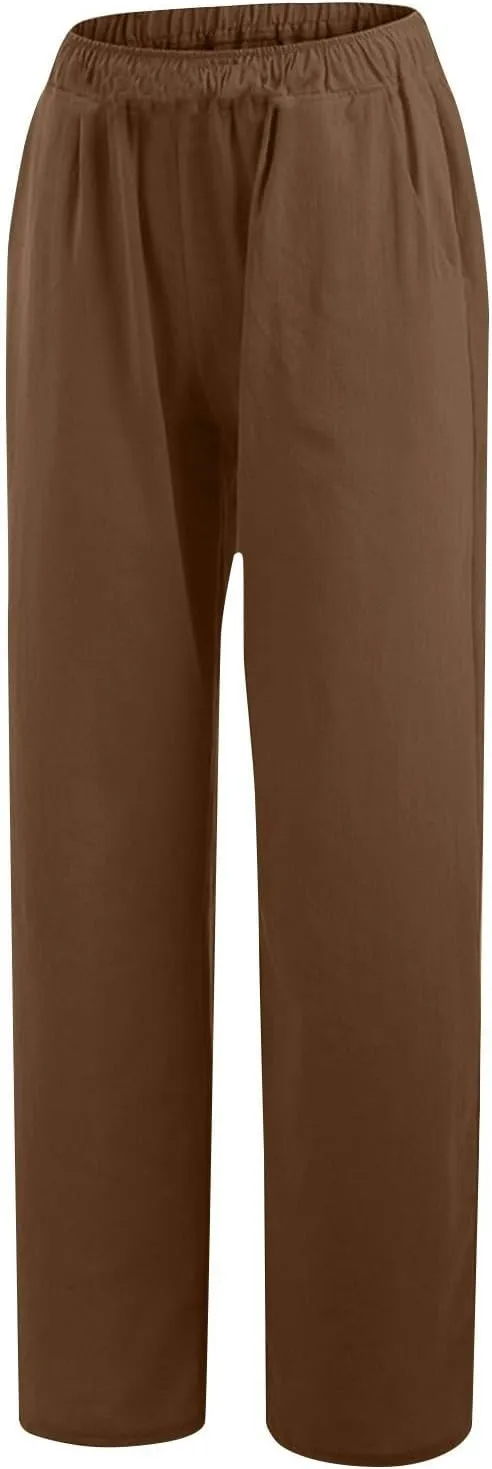 Women's Solid Color Pants Summer Casual Elastic Waist Loose Fit Pants Wide Leg Lounge Long Trousers with Pockets