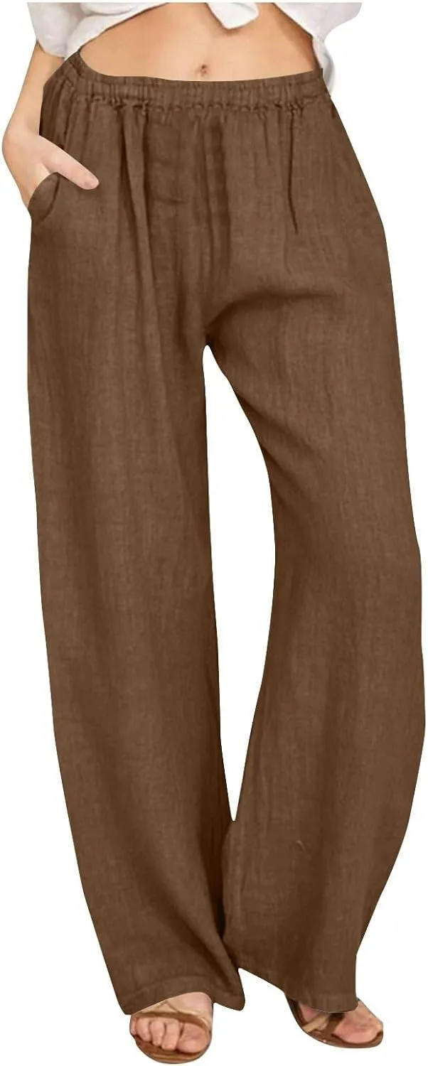 Women's Solid Color Pants Summer Casual Elastic Waist Loose Fit Pants Wide Leg Lounge Long Trousers with Pockets