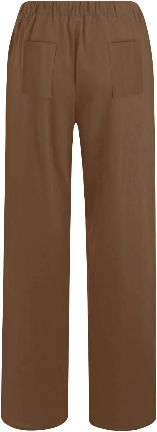 Women's Solid Color Pants Summer Casual Elastic Waist Loose Fit Pants Wide Leg Lounge Long Trousers with Pockets