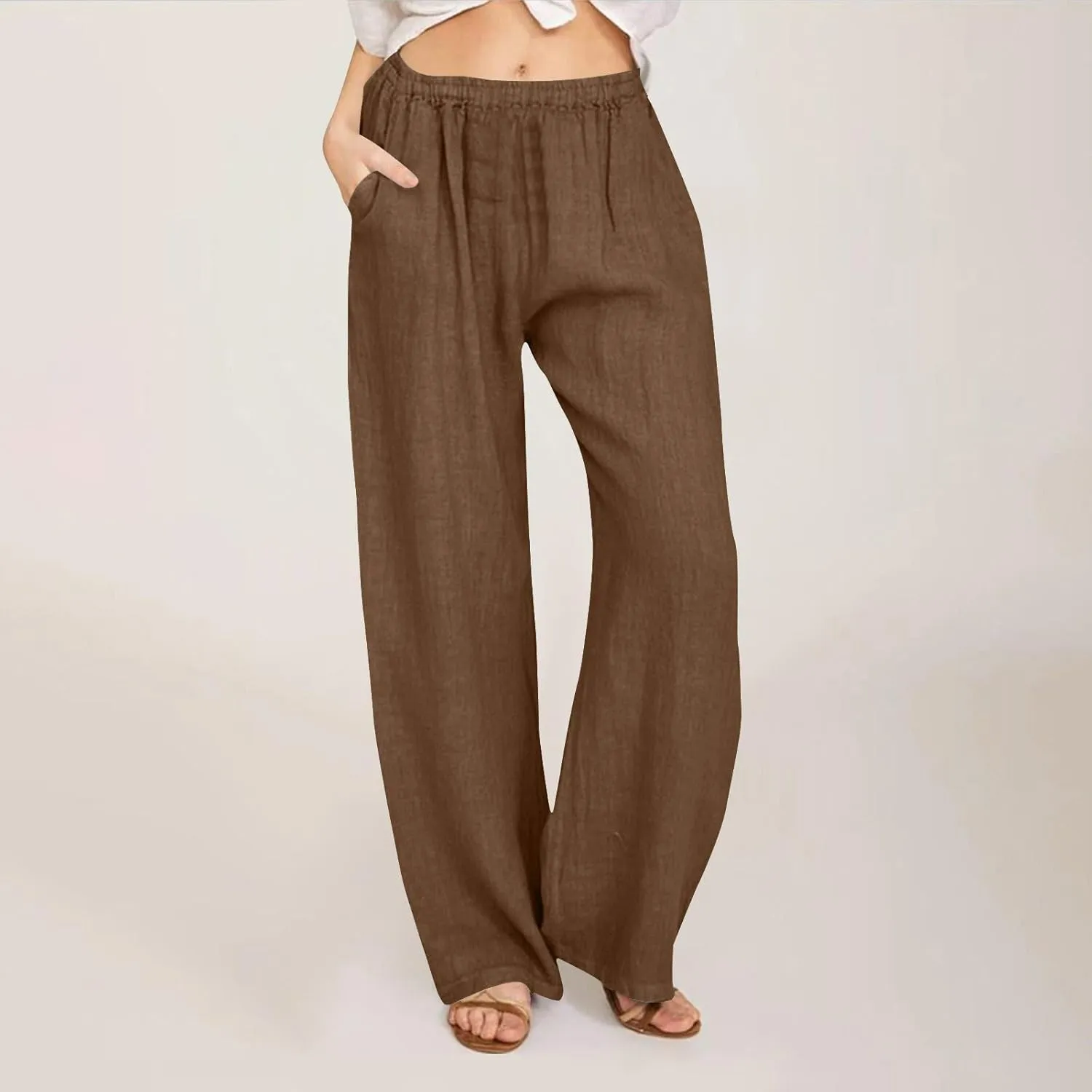 Women's Solid Color Pants Summer Casual Elastic Waist Loose Fit Pants Wide Leg Lounge Long Trousers with Pockets