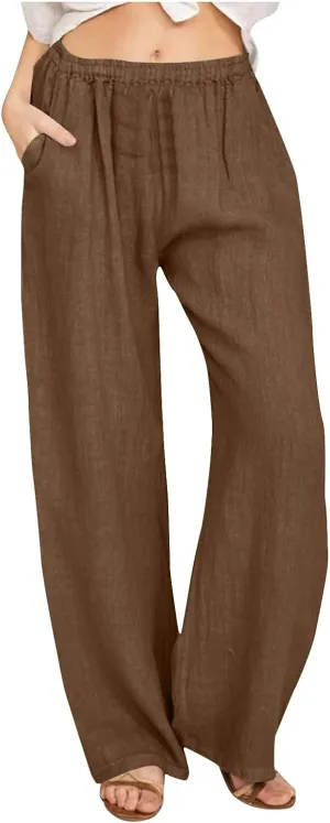 Women's Solid Color Pants Summer Casual Elastic Waist Loose Fit Pants Wide Leg Lounge Long Trousers with Pockets
