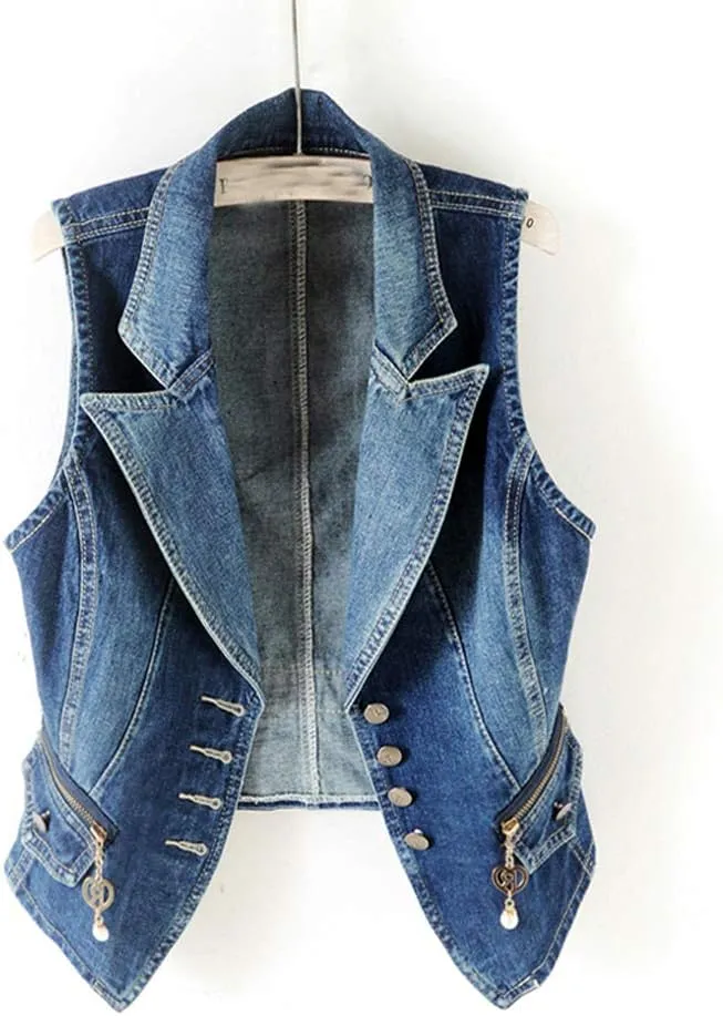 Women's Suit Denim Vest Sleeveless Cowboy Waistcoat Jacket Top Slim Fit Plus Size