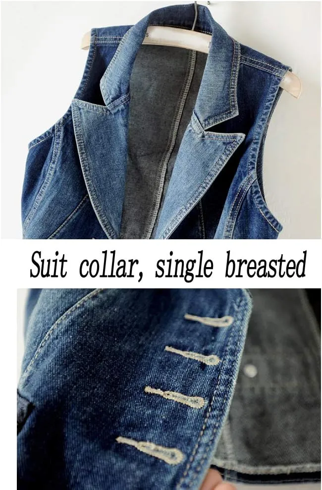 Women's Suit Denim Vest Sleeveless Cowboy Waistcoat Jacket Top Slim Fit Plus Size