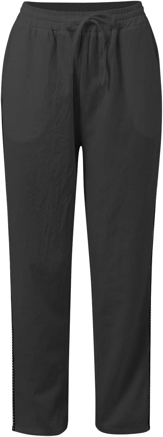 Women's Summer Casual Linen Pants Straight Leg Elastic Waist Trousers with Pockets Soft Travel Loose Fit Lounge Pant