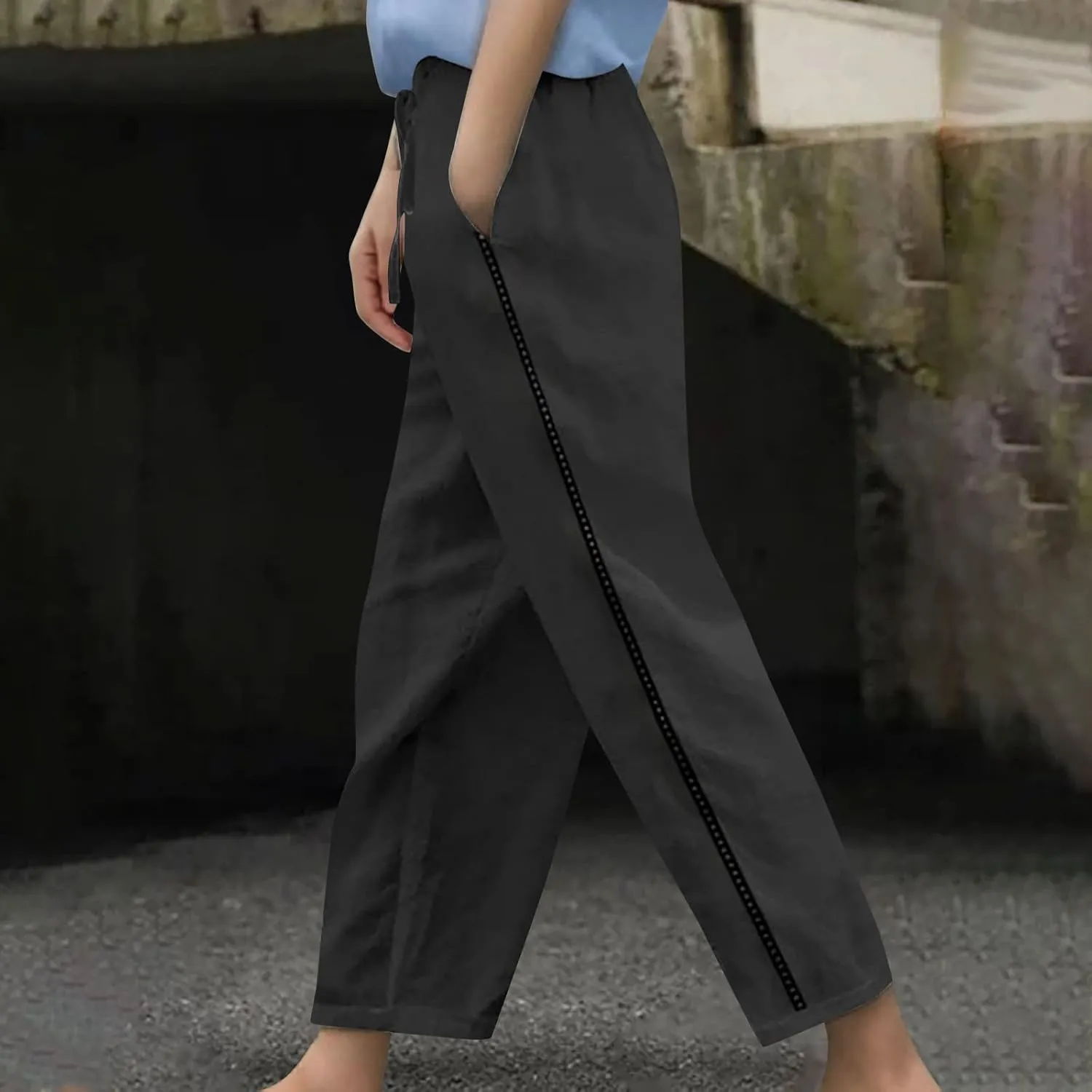 Women's Summer Casual Linen Pants Straight Leg Elastic Waist Trousers with Pockets Soft Travel Loose Fit Lounge Pant