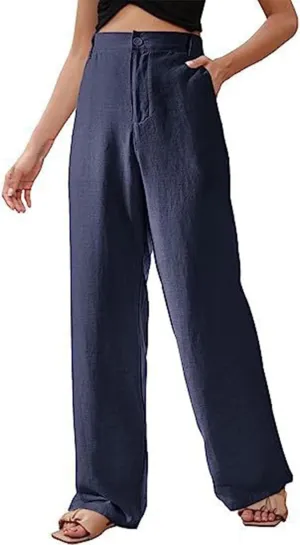 Womens Summer Casual Linen Trousers High Waisted Slim Fit Straight Leg Long Trousers Solid Color Beach Yoga Pants with Button