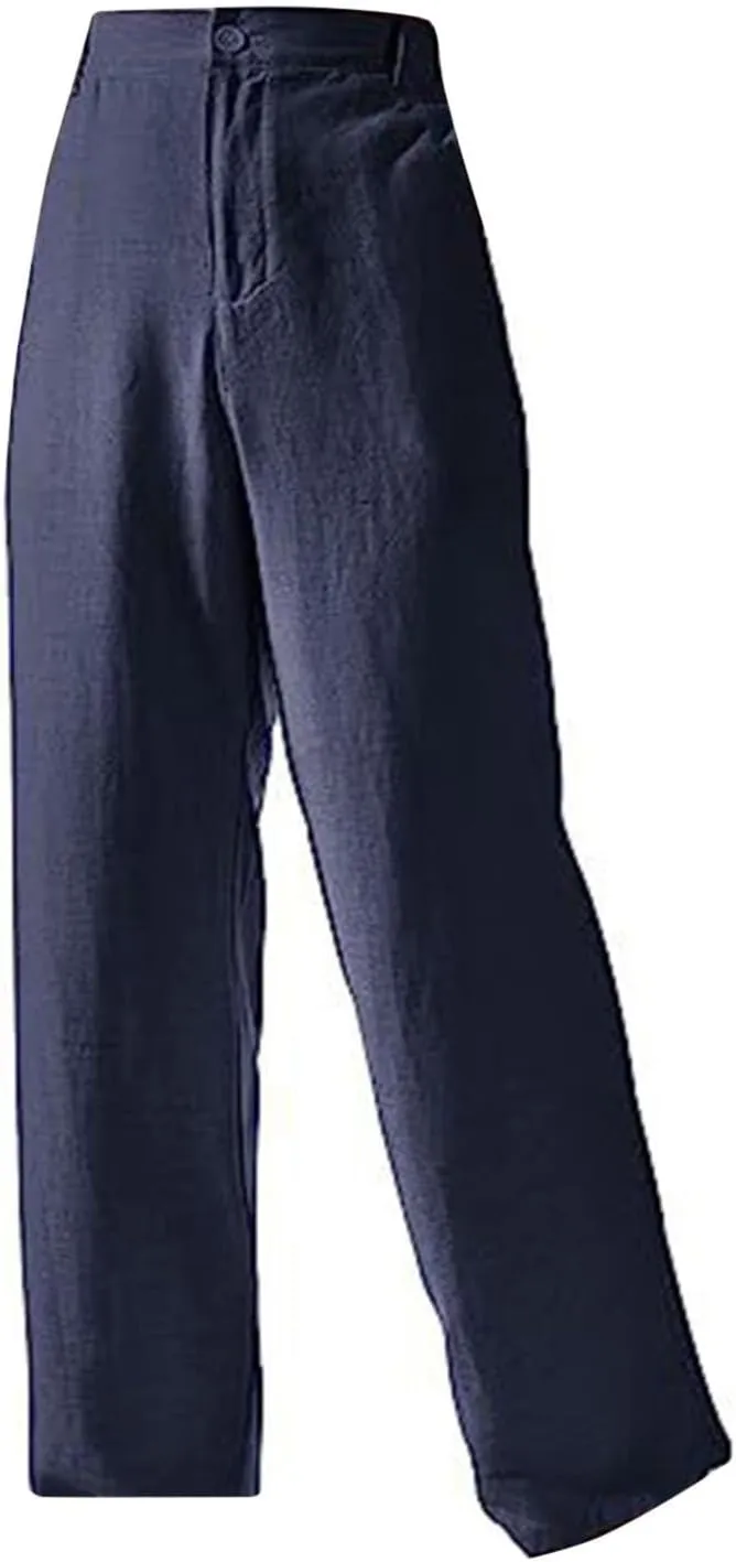 Womens Summer Casual Linen Trousers High Waisted Slim Fit Straight Leg Long Trousers Solid Color Beach Yoga Pants with Button