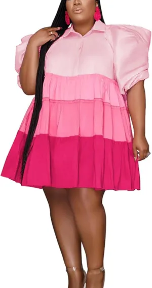 Women's Summer Colorblock Plus Size Mini Shirt Frill Trim Puff Short Sleeve Babydoll Mini Dress