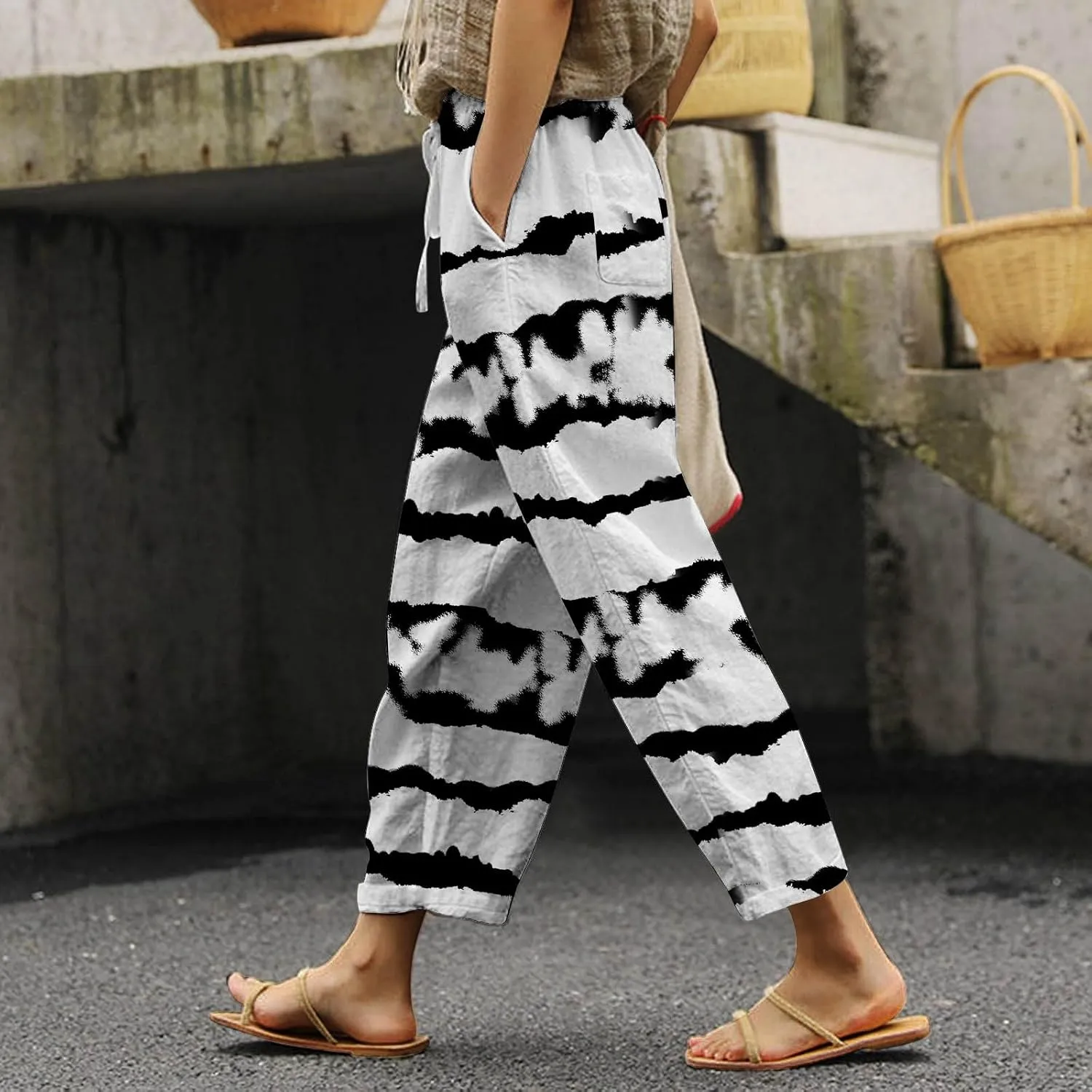Women's Summer Cotton Linen Pants Elastic Waist Drawstring Straight Leg Lounge Pants Color Block Trousers with Pocket