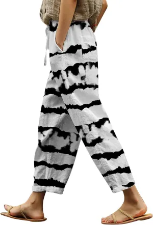 Women's Summer Cotton Linen Pants Elastic Waist Drawstring Straight Leg Lounge Pants Color Block Trousers with Pocket