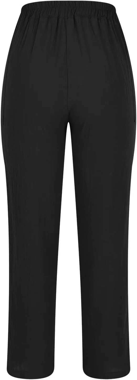 Womens Summer Cotton Linen Pants Wide Leg High Waist Palazzo Pants Lightweight Loose Fit Beach Pants Casual Trousers