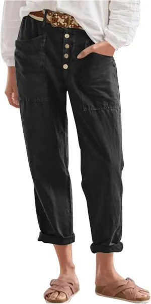 Womens Summer Cotton Linen Pants Wide Leg High Waist Palazzo Pants Lightweight Loose Fit Beach Pants Casual Trousers