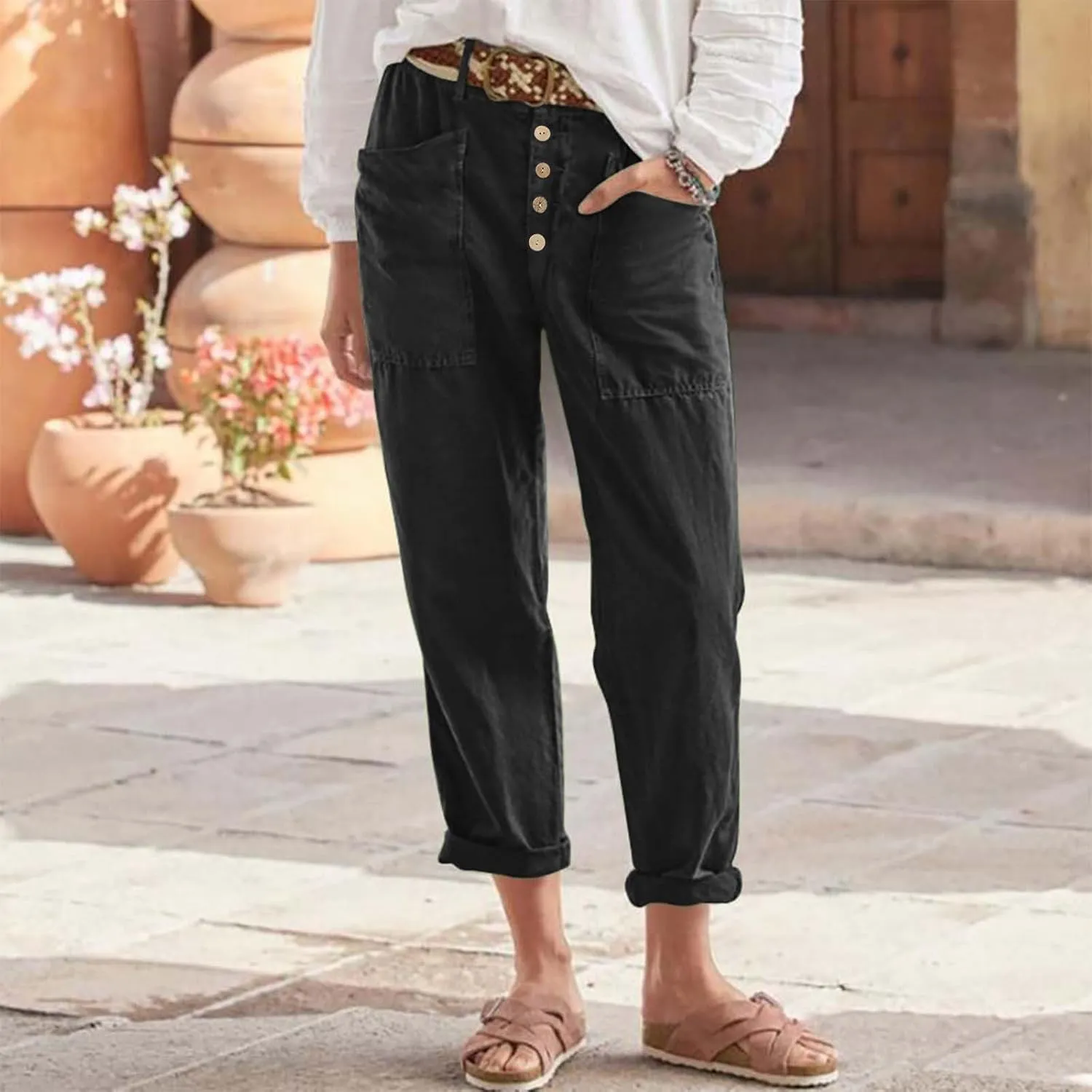 Womens Summer Cotton Linen Pants Wide Leg High Waist Palazzo Pants Lightweight Loose Fit Beach Pants Casual Trousers