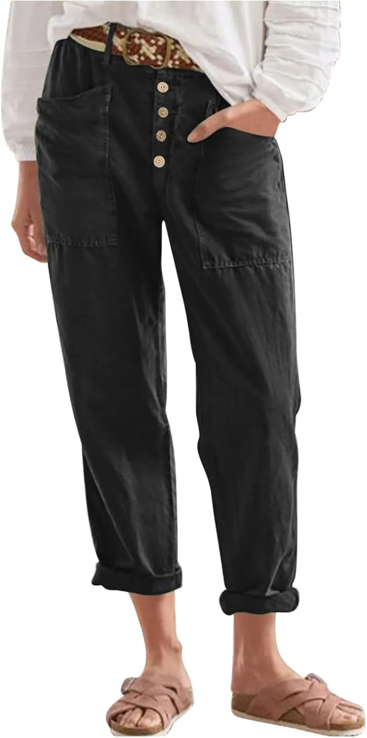 Womens Summer Cotton Linen Pants Wide Leg High Waist Palazzo Pants Lightweight Loose Fit Beach Pants Casual Trousers