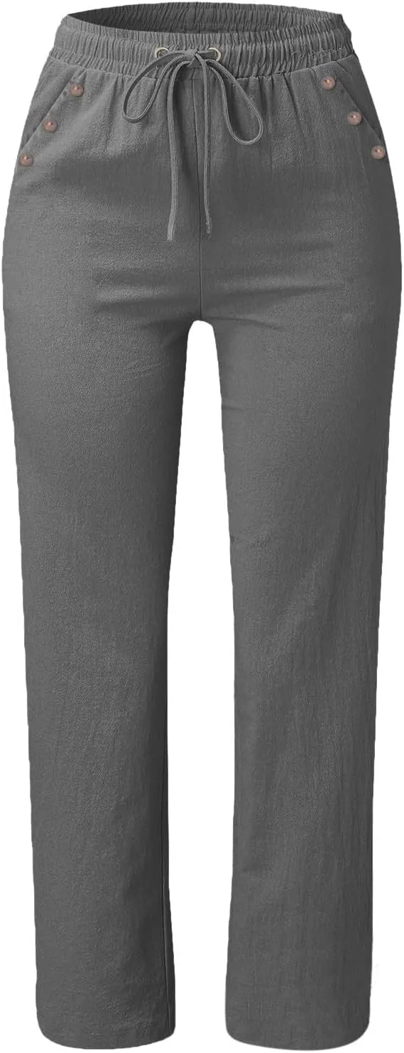 Womens Summer Fashion Linen Cotton Pants Straight Wide Leg Drawstring Long Pants Lounge Beach Trousers Outfits