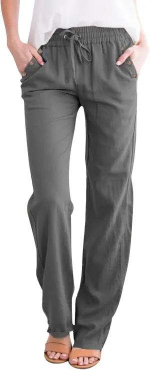 Womens Summer Fashion Linen Cotton Pants Straight Wide Leg Drawstring Long Pants Lounge Beach Trousers Outfits