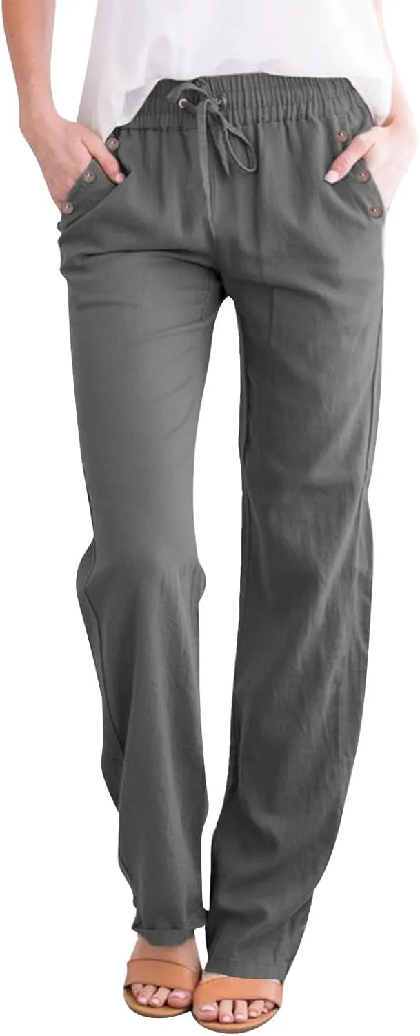 Womens Summer Fashion Linen Cotton Pants Straight Wide Leg Drawstring Long Pants Lounge Beach Trousers Outfits