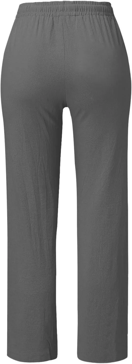 Womens Summer Fashion Linen Cotton Pants Straight Wide Leg Drawstring Long Pants Lounge Beach Trousers Outfits