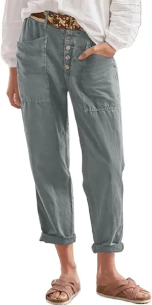 Womens Summer Linen Tapered Pants Belted Button Down Roll Up Capri Pants Hiking Workout Casual Loose Cropped Trousers