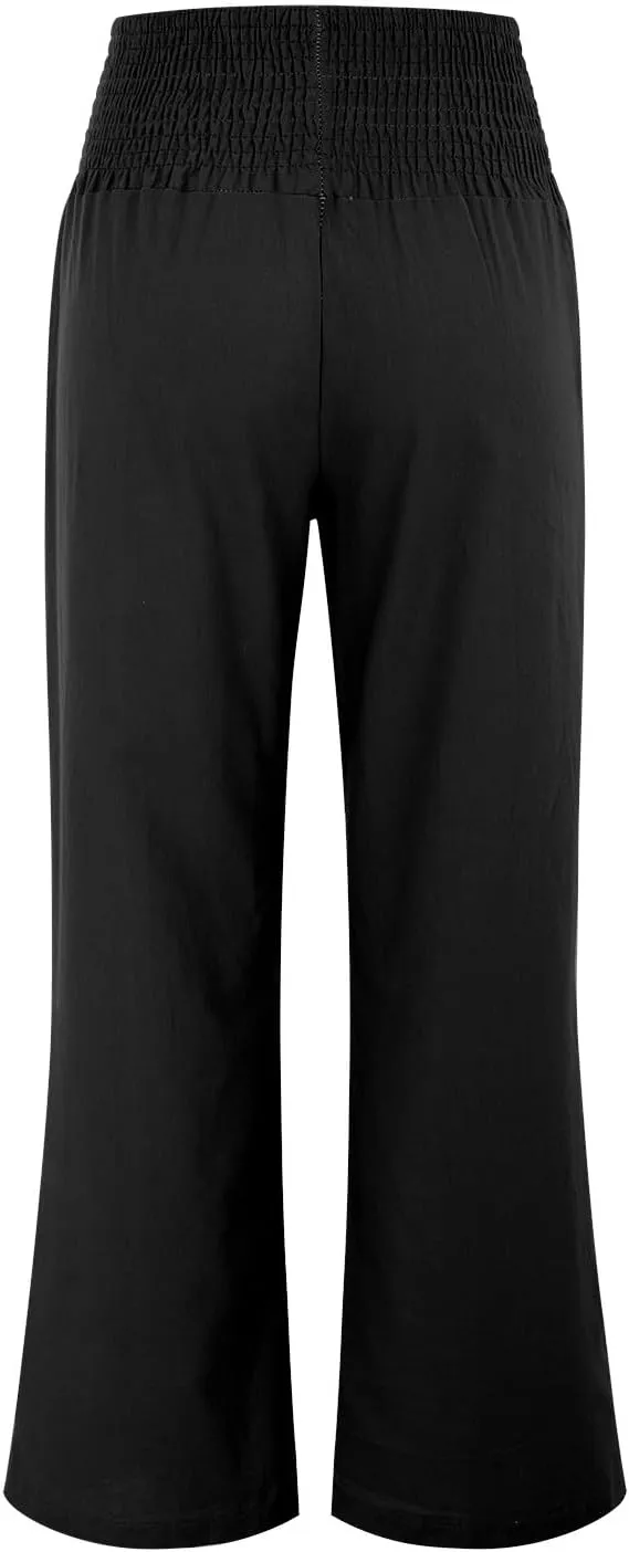Women's Summer Linen Trousers Wide Leg Palazzo Elastic High Waisted Casual Long Pants Lightweight Loose Trousers with Pockets