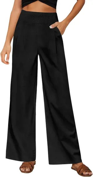 Women's Summer Linen Trousers Wide Leg Palazzo Elastic High Waisted Casual Long Pants Lightweight Loose Trousers with Pockets