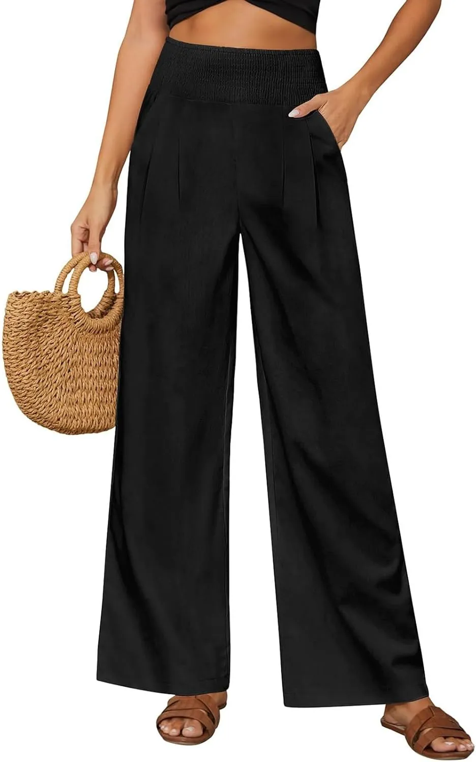 Women's Summer Linen Trousers Wide Leg Palazzo Elastic High Waisted Casual Long Pants Lightweight Loose Trousers with Pockets