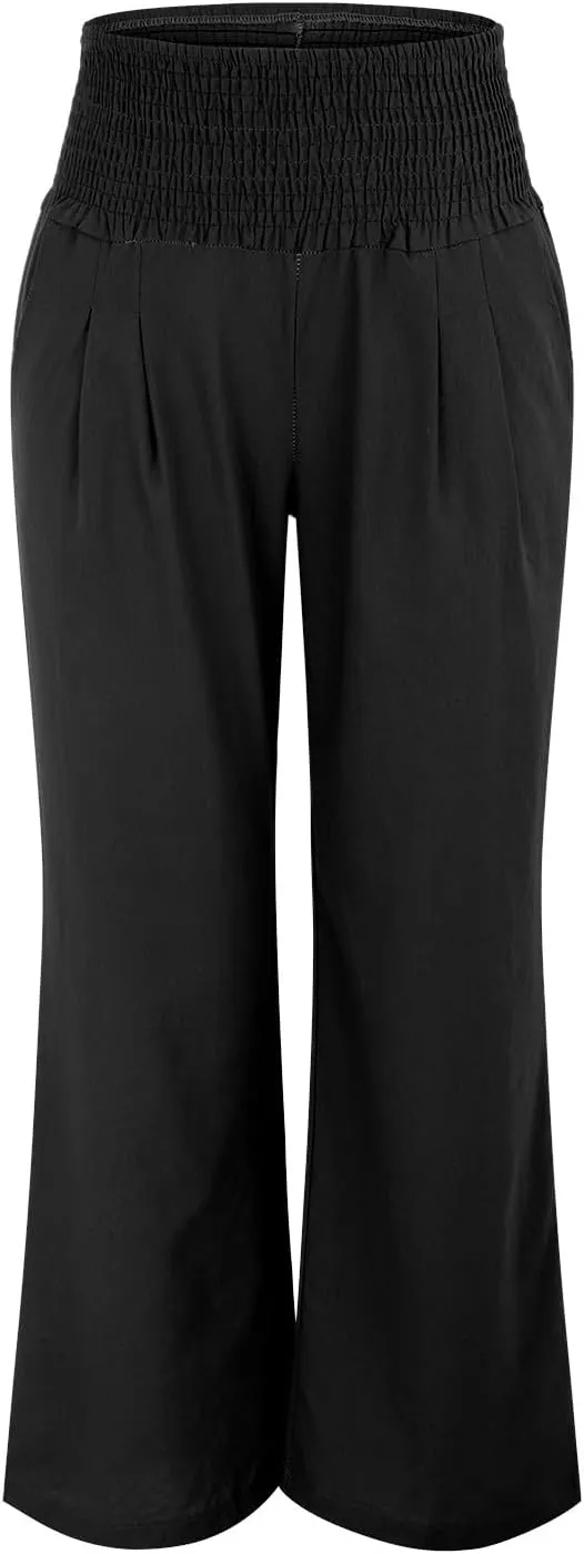 Women's Summer Linen Trousers Wide Leg Palazzo Elastic High Waisted Casual Long Pants Lightweight Loose Trousers with Pockets