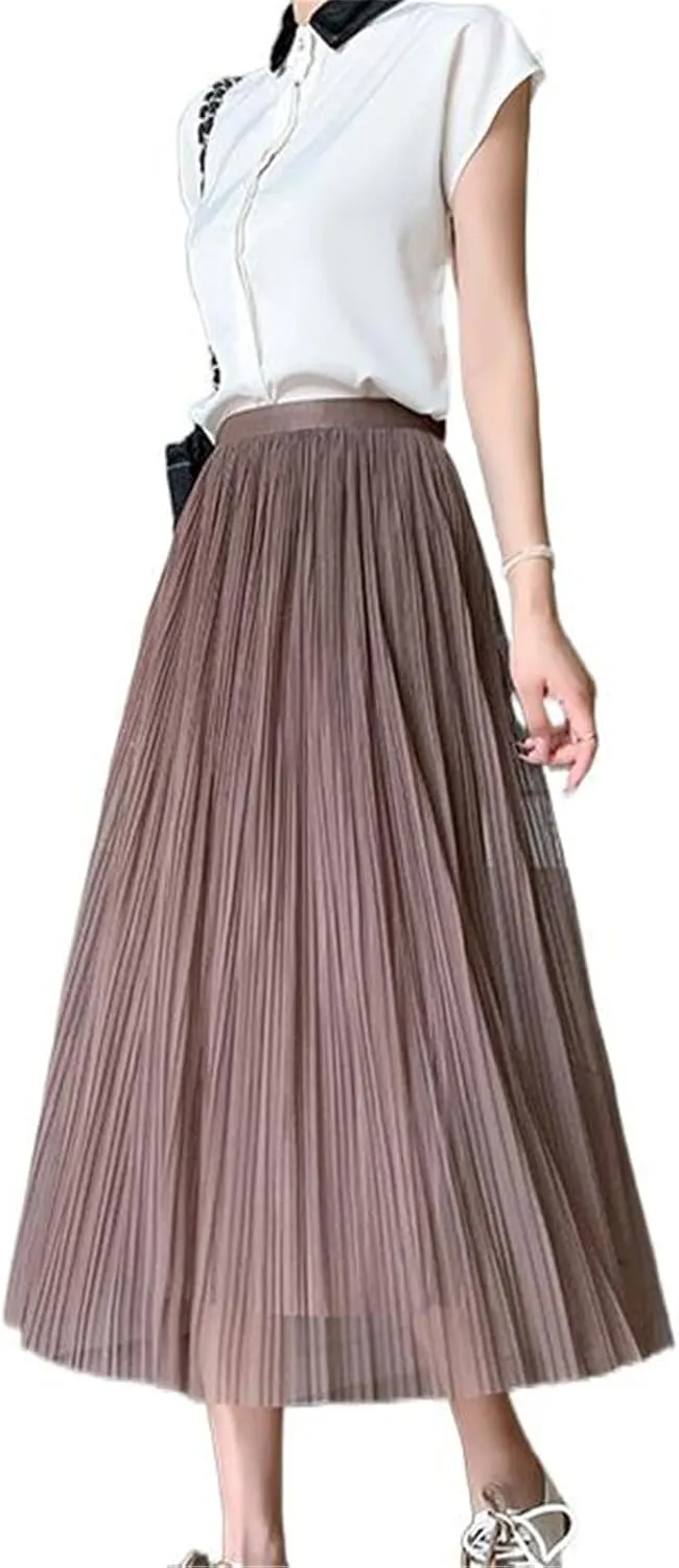 Women's Summer Mesh Pleated Skirt, Loose Fit, High-Waisted A-Line Skirt
