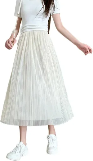 Women's Summer Mesh Pleated Skirt, Loose Fit, High-Waisted A-Line Skirt