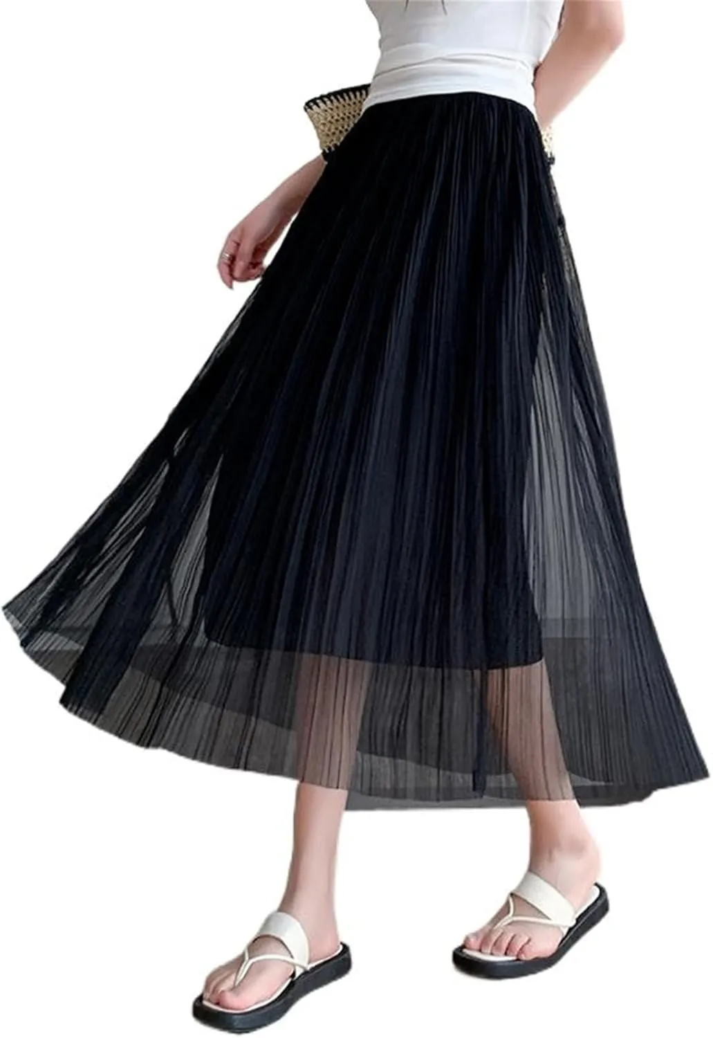 Women's Summer Mesh Pleated Skirt, Loose Fit, High-Waisted A-Line Skirt