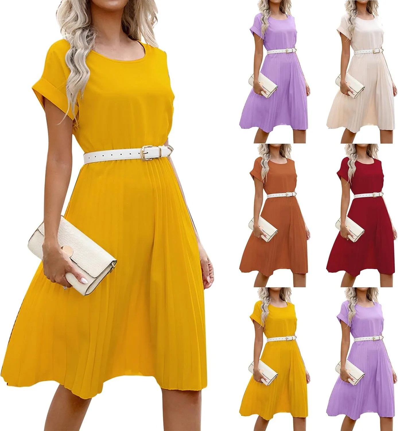 Women's Sun Dresses 2025 Vacation Summer Casual Trendy Solid Color Round Neck Short Sleeve Midi Dress, S-XL