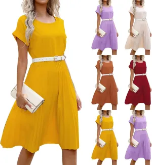 Women's Sun Dresses 2025 Vacation Summer Casual Trendy Solid Color Round Neck Short Sleeve Midi Dress, S-XL