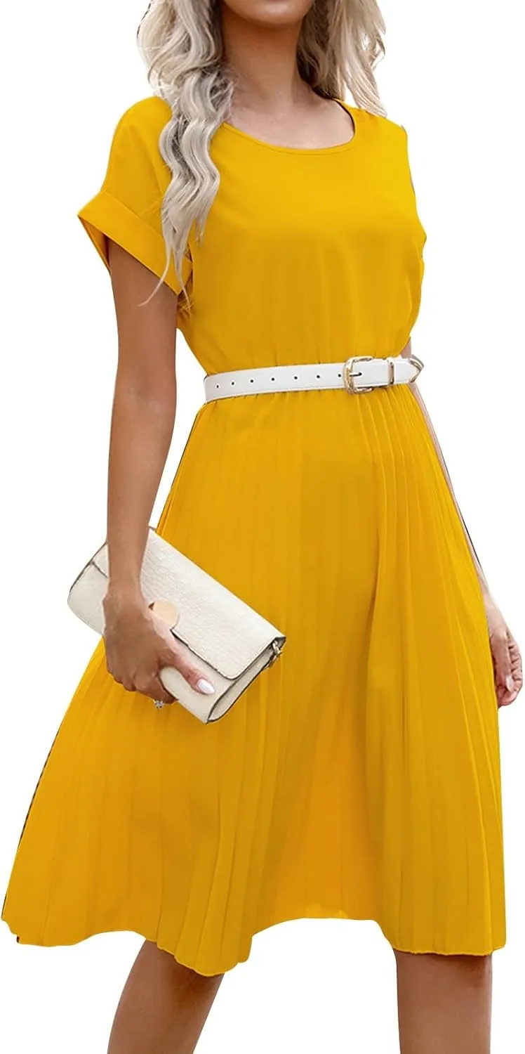 Women's Sun Dresses 2025 Vacation Summer Casual Trendy Solid Color Round Neck Short Sleeve Midi Dress, S-XL
