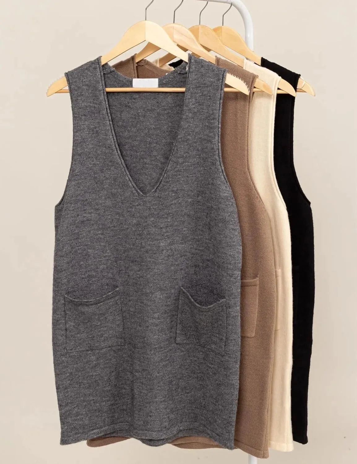 Womens Sweater Vest Dress V Neck Sleeveless Knit Pullover Pinafore Mini Dress with Pockets