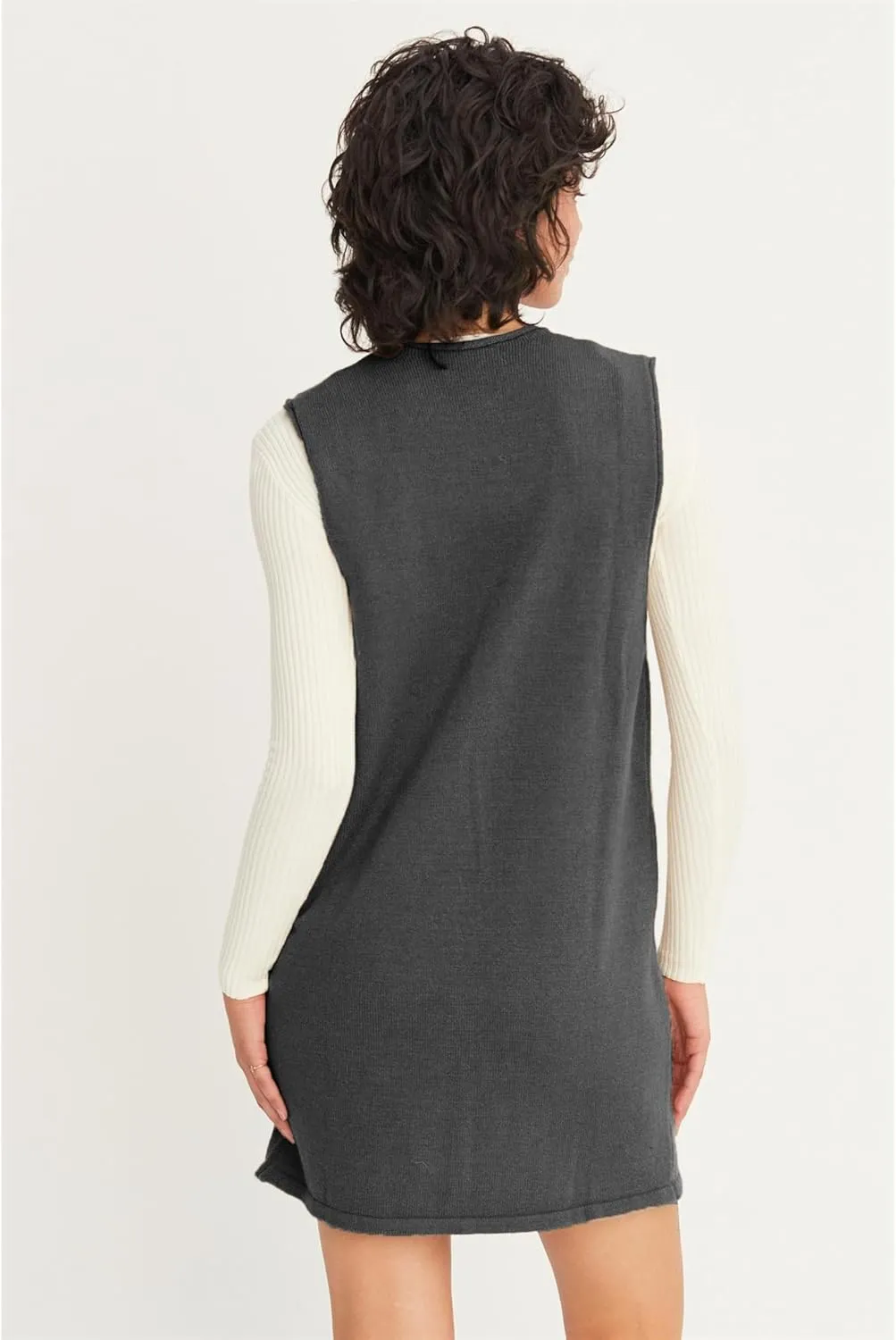 Womens Sweater Vest Dress V Neck Sleeveless Knit Pullover Pinafore Mini Dress with Pockets