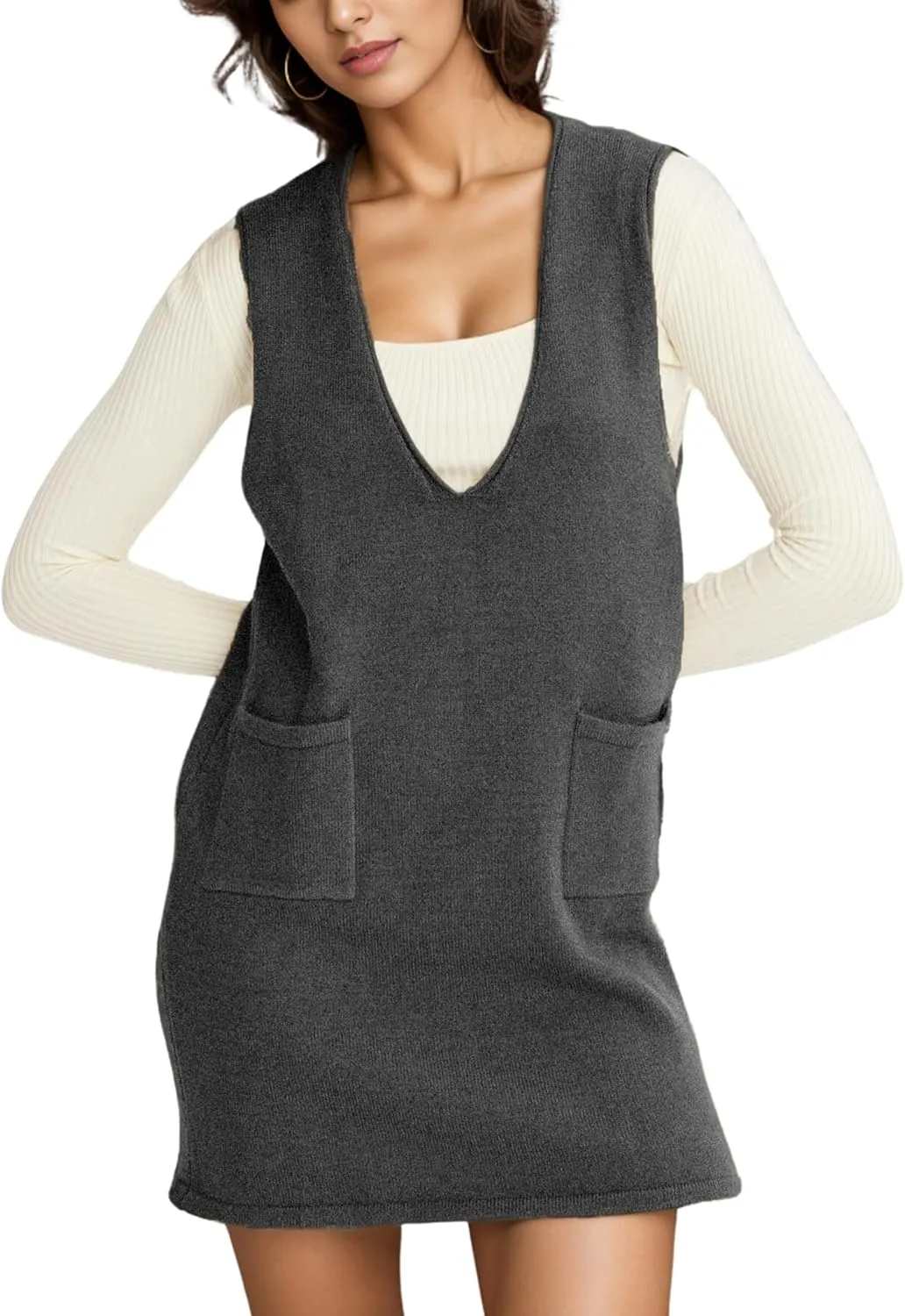 Womens Sweater Vest Dress V Neck Sleeveless Knit Pullover Pinafore Mini Dress with Pockets