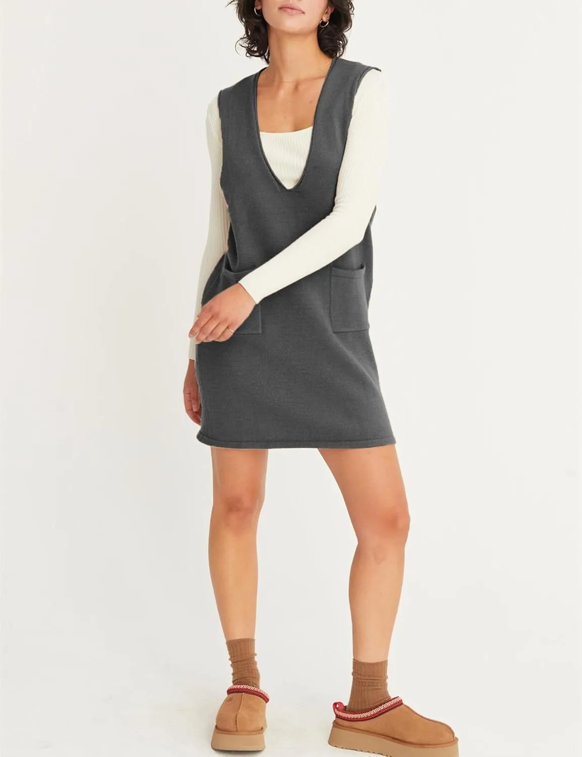 Womens Sweater Vest Dress V Neck Sleeveless Knit Pullover Pinafore Mini Dress with Pockets