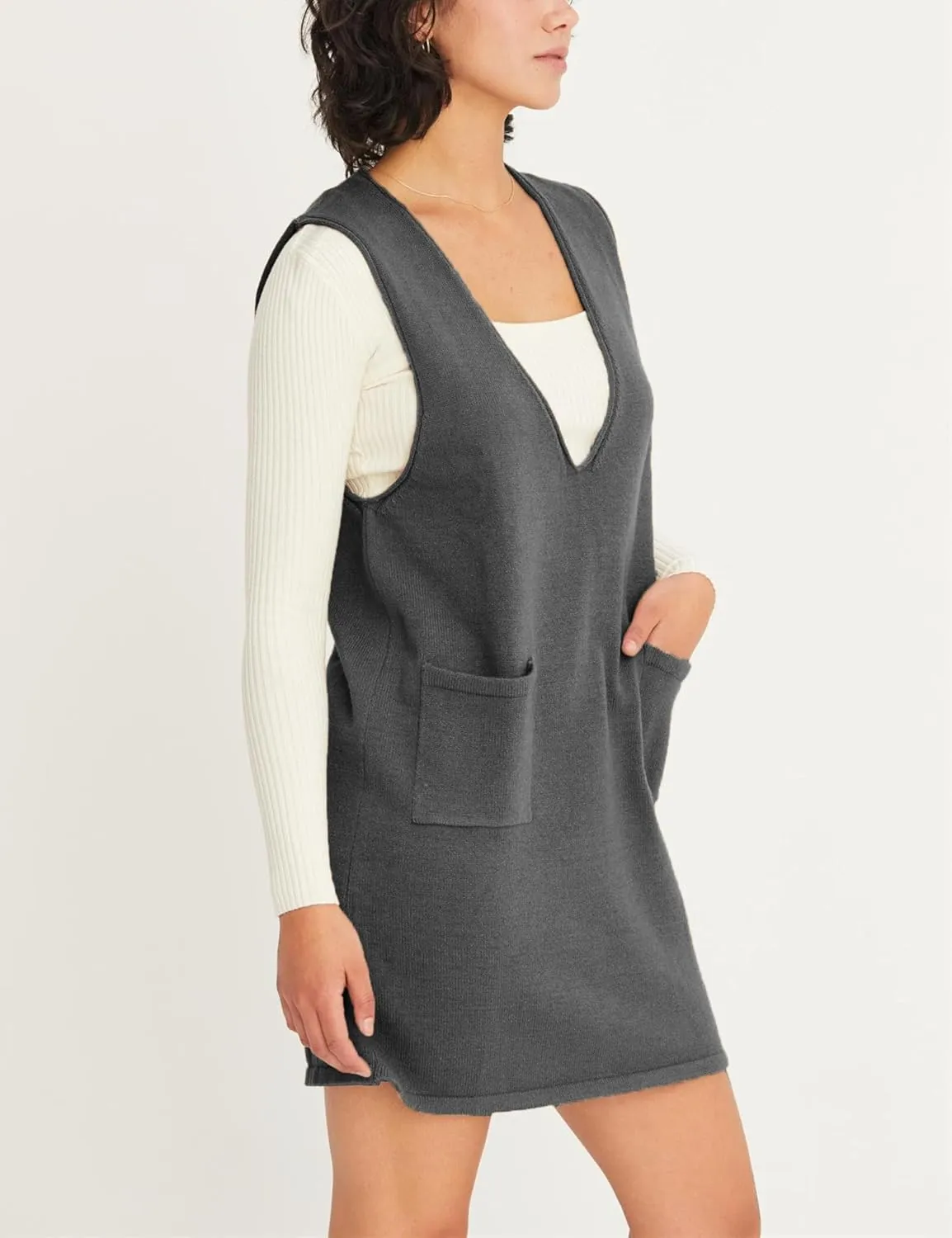 Womens Sweater Vest Dress V Neck Sleeveless Knit Pullover Pinafore Mini Dress with Pockets