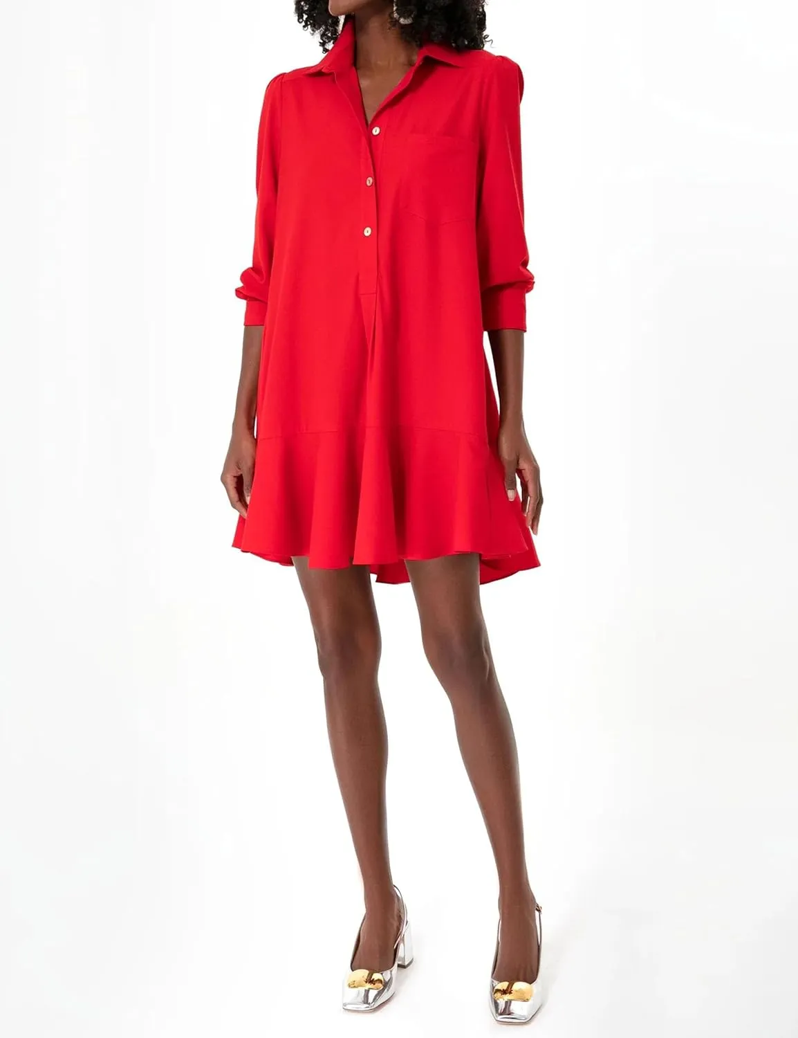 Women's Tunic Shirt Mini Dress Long Sleeve Cotton Drop Waist Collar Short Dress Button Up Ruffle Hem Shift Dresses