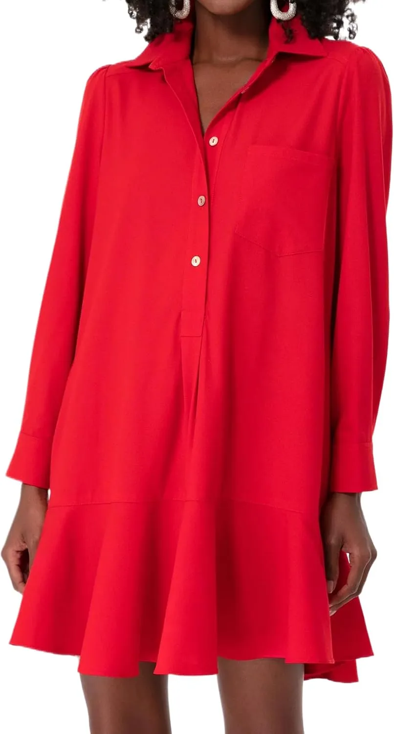 Women's Tunic Shirt Mini Dress Long Sleeve Cotton Drop Waist Collar Short Dress Button Up Ruffle Hem Shift Dresses