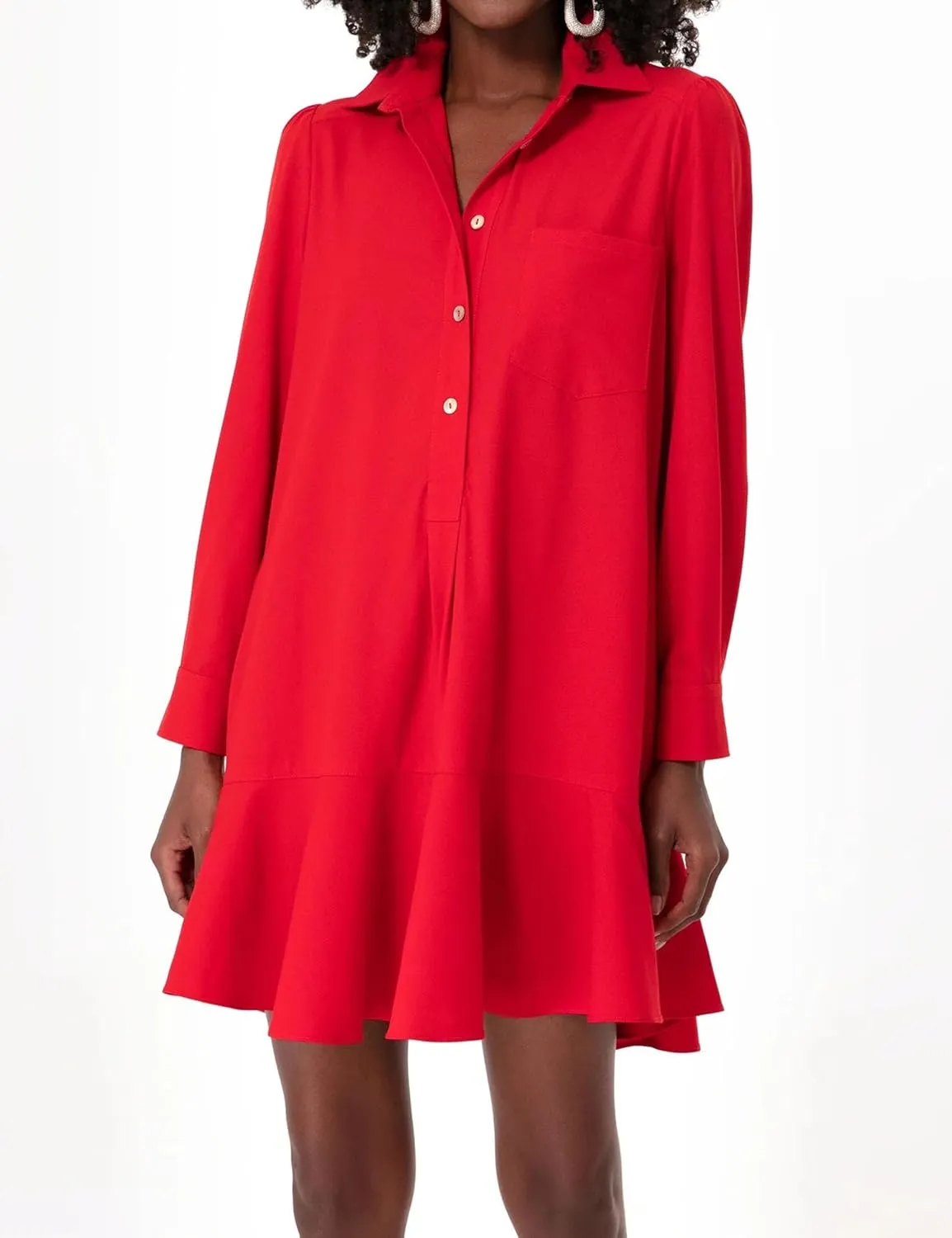 Women's Tunic Shirt Mini Dress Long Sleeve Cotton Drop Waist Collar Short Dress Button Up Ruffle Hem Shift Dresses