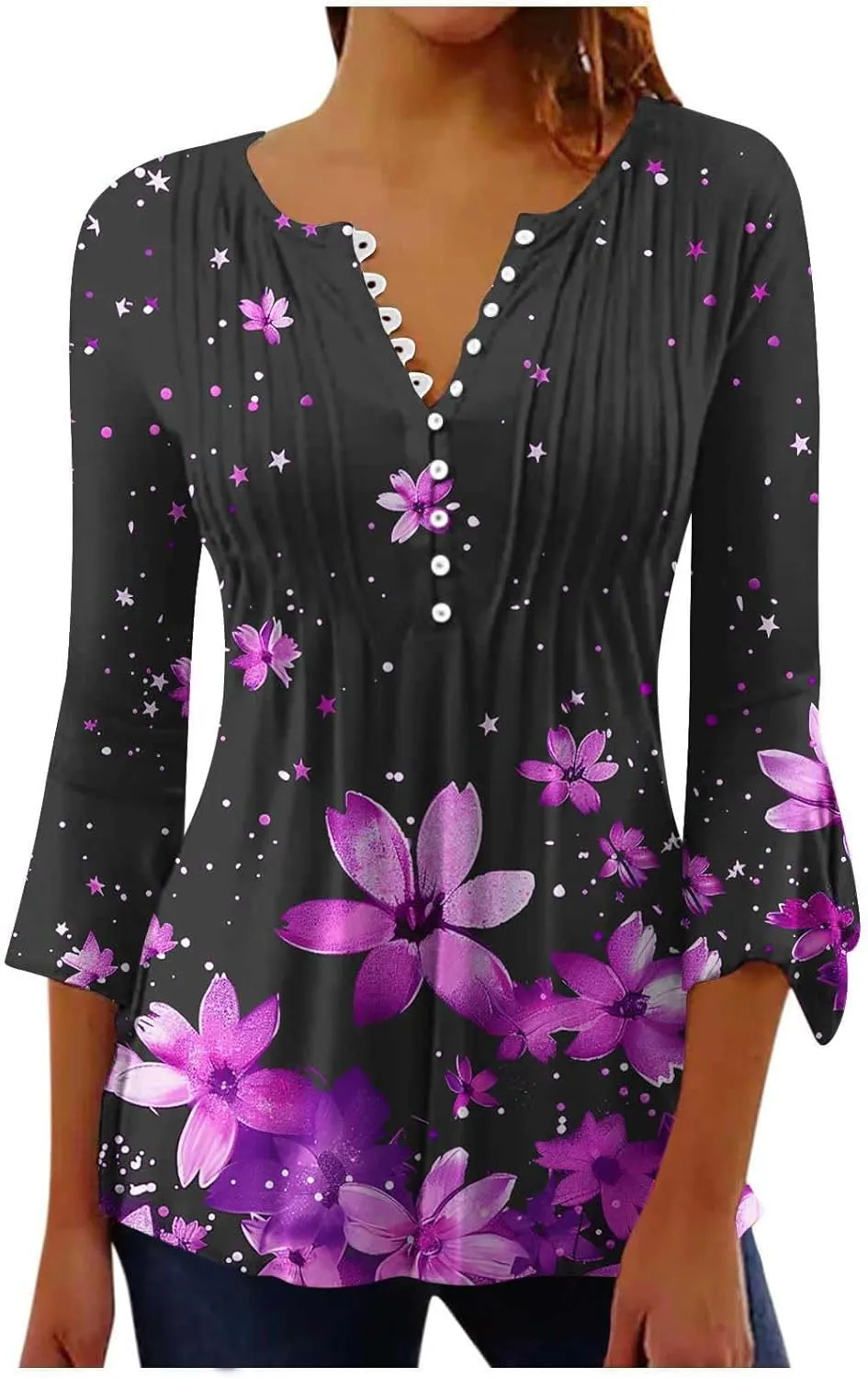 Women's Tunic Tops 2025 Fashion Boho Floral Print Daily Shirt Y2k 3/4 Bell Sleeve Button Down V Neck T Shirt Outfits