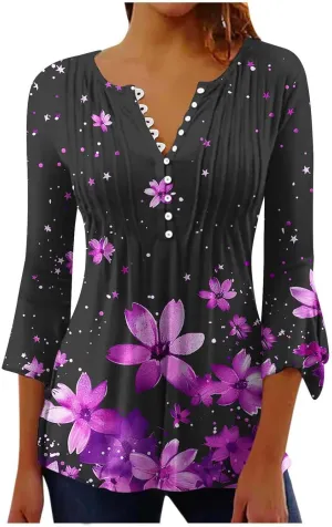 Women's Tunic Tops 2025 Fashion Boho Floral Print Daily Shirt Y2k 3/4 Bell Sleeve Button Down V Neck T Shirt Outfits
