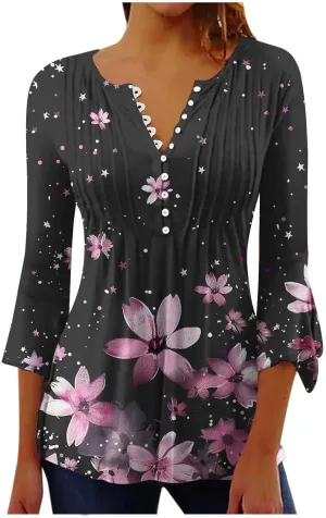 Women's Tunic Tops 2025 Fashion Boho Floral Print Daily Shirt Y2k 3/4 Bell Sleeve Button Down V Neck T Shirt Outfits
