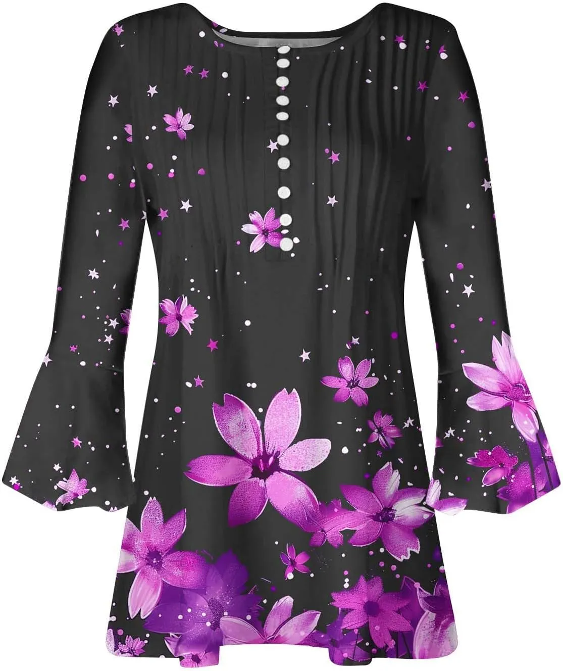 Women's Tunic Tops 2025 Fashion Boho Floral Print Daily Shirt Y2k 3/4 Bell Sleeve Button Down V Neck T Shirt Outfits