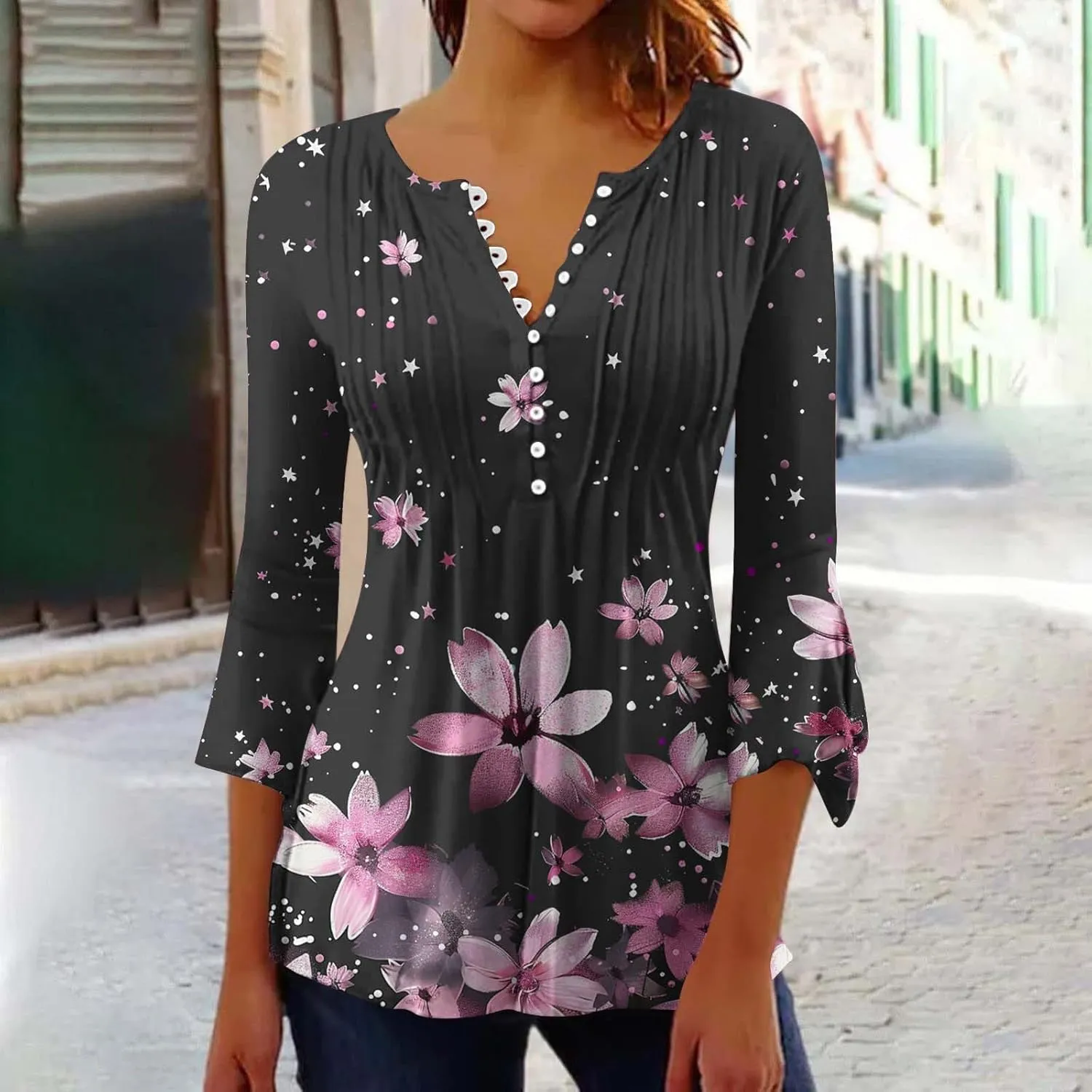 Women's Tunic Tops 2025 Fashion Boho Floral Print Daily Shirt Y2k 3/4 Bell Sleeve Button Down V Neck T Shirt Outfits